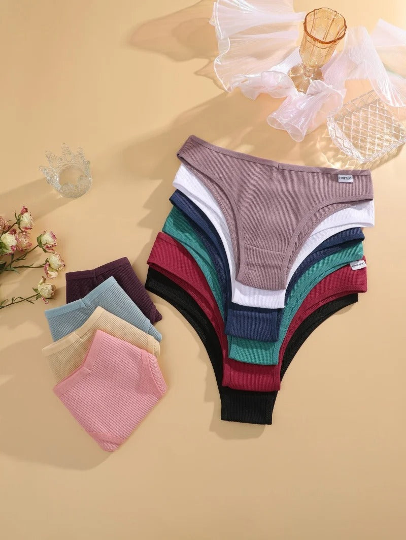7PCS/Set Women's Waffle Cotton Panties Sexy V Waist Brazilian Panties Female Breathable Soft Underwear Solid Stretch Lingerie