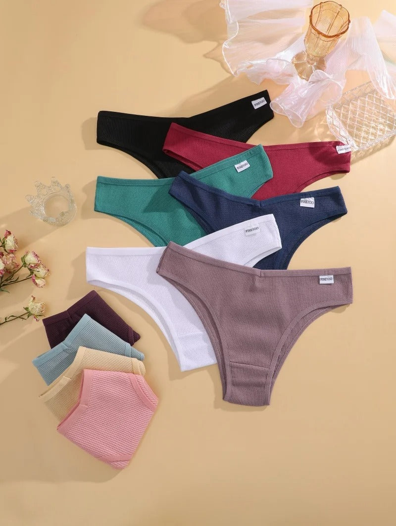 7PCS/Set Women's Waffle Cotton Panties Sexy V Waist Brazilian Panties Female Breathable Soft Underwear Solid Stretch Lingerie